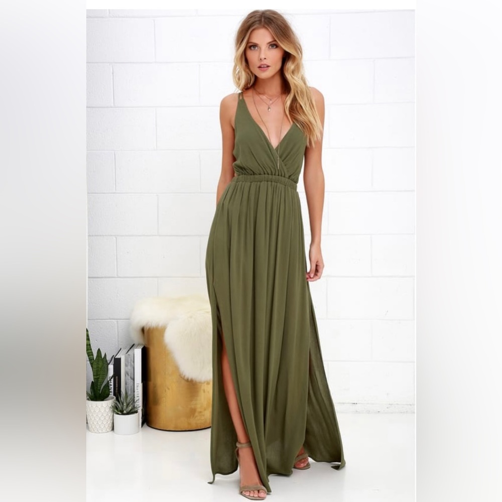 Lulus Lost In Paradise Olive Green Maxi Dress. X-small